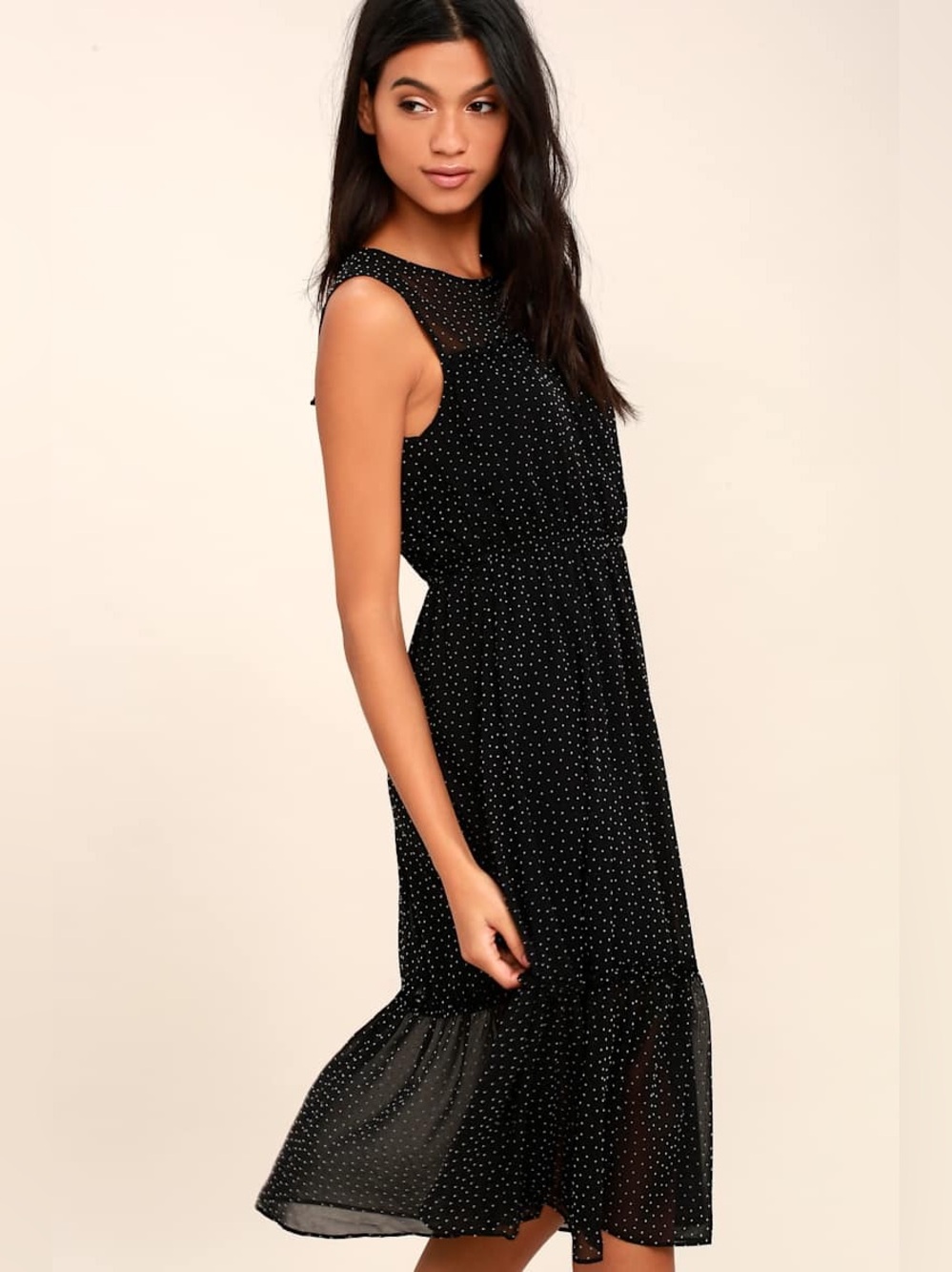 LULUS Afternoon Stroll Black Polka Dot Midi Dress Size S NWOT Ruffle Chiffon Dot - Picture 5 of 9